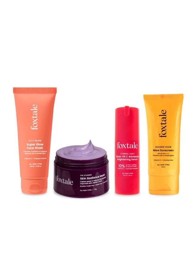 Foxtale Complete Glow Combo | Vitamin C Face Wash 100ml+ 10% Vit C Serum 30ml + Radiance Mask 75g + SPF 50 Sunscreen 50ml | Removes tan, brightens, hydrates & protects | For radiant, even-toned skin - Image 1